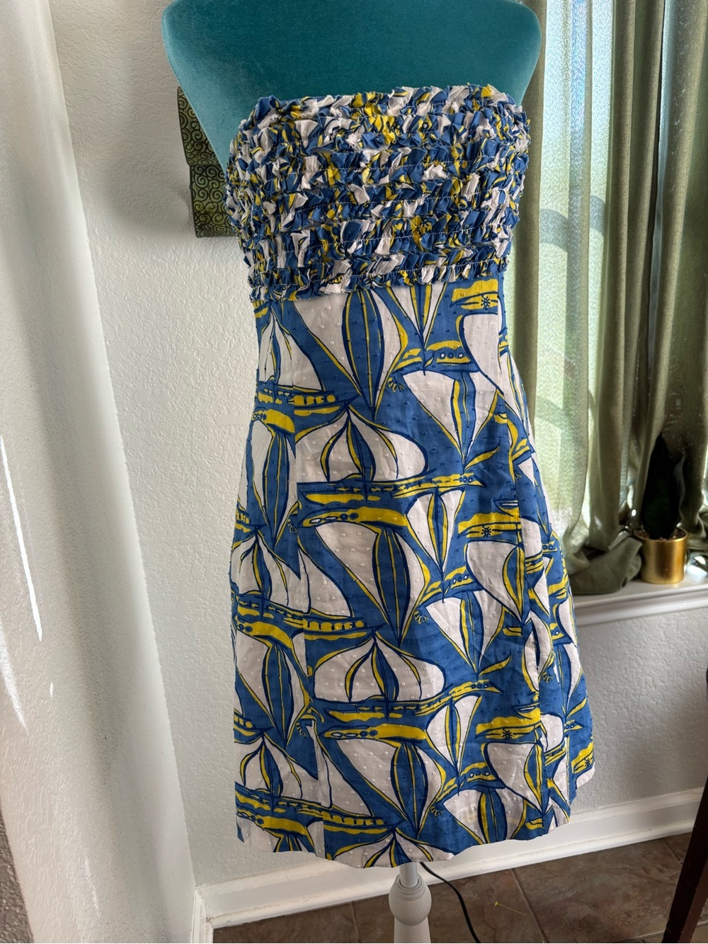 Lilly Pulitzer Blue and Yellow Strapless Smocked Sundress Boho sailboat,